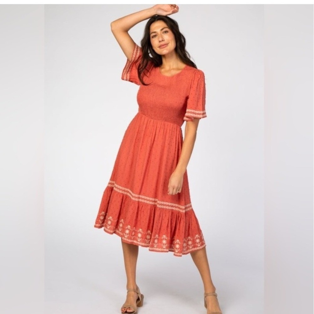 Tea N Rose PinkBlush Rust Orange Embroidered Smocked Midi Dress Swiss Dot Boho‎